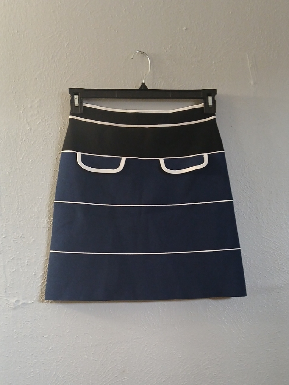 Tanya Taylor Navy A-Line Skirt with Black Waistband and White Trim